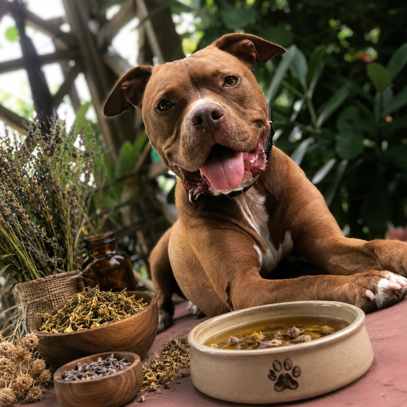 Happy brown dog lying near bowls of dried herbs and water outdoors.
