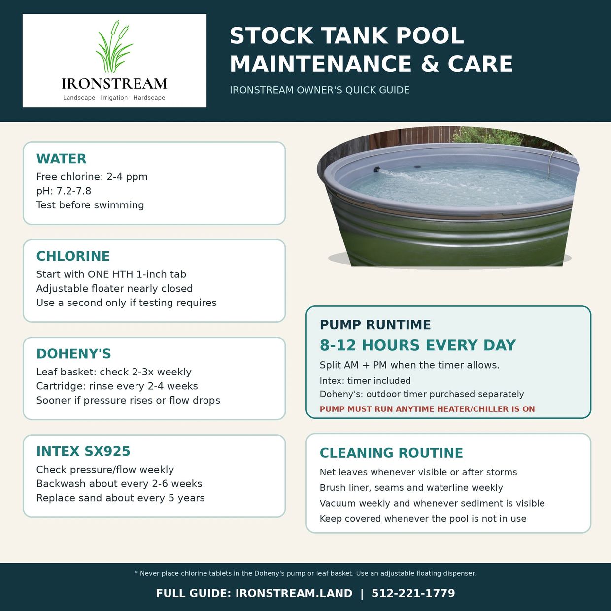 Guide for stock tank pool maintenance with water care and cleaning tips.