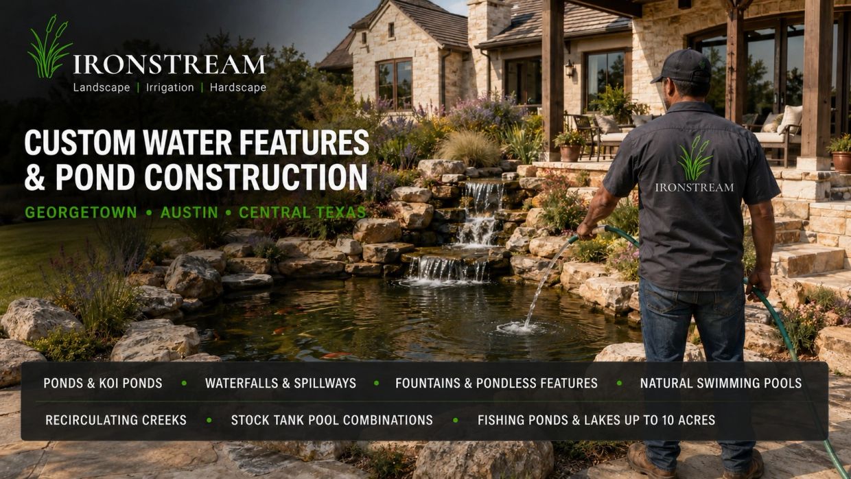 Man watering a custom pond with waterfalls in a backyard.