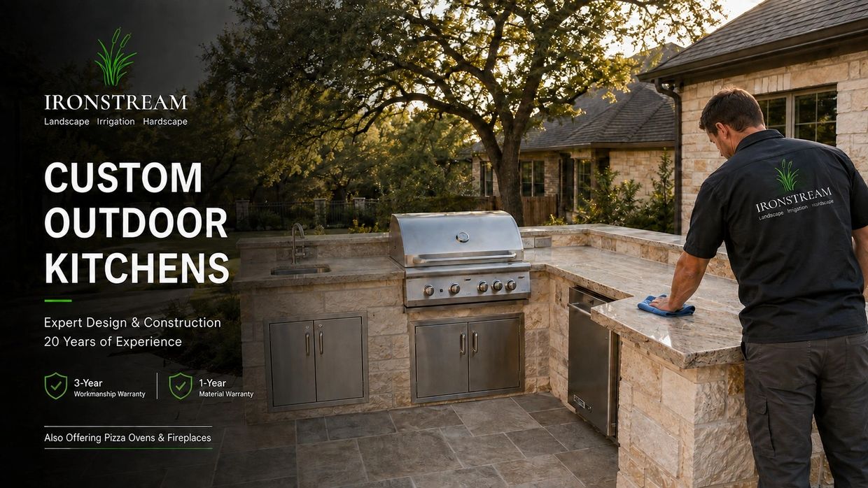 Custom outdoor kitchen with granite counters and stainless steel appliances.