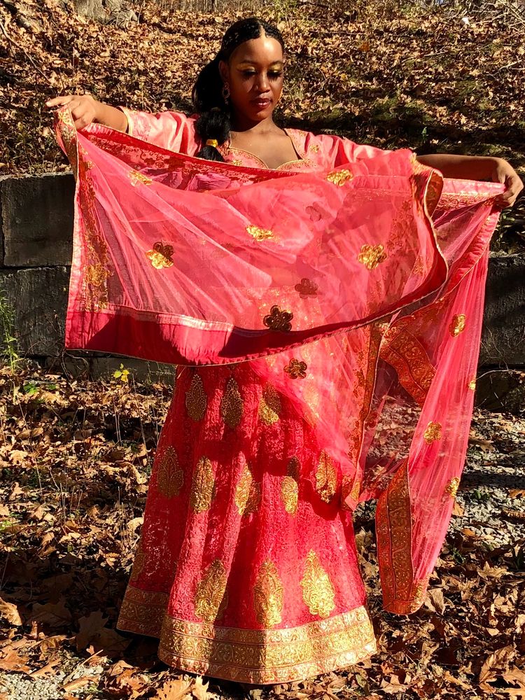 woman wearing pink gold lehenga choli Indian dress Shingar Boutique sarees Pittsburgh