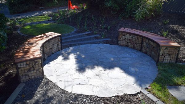 Gabion seats with stone flagging, feature lawn areas in a small connecting space