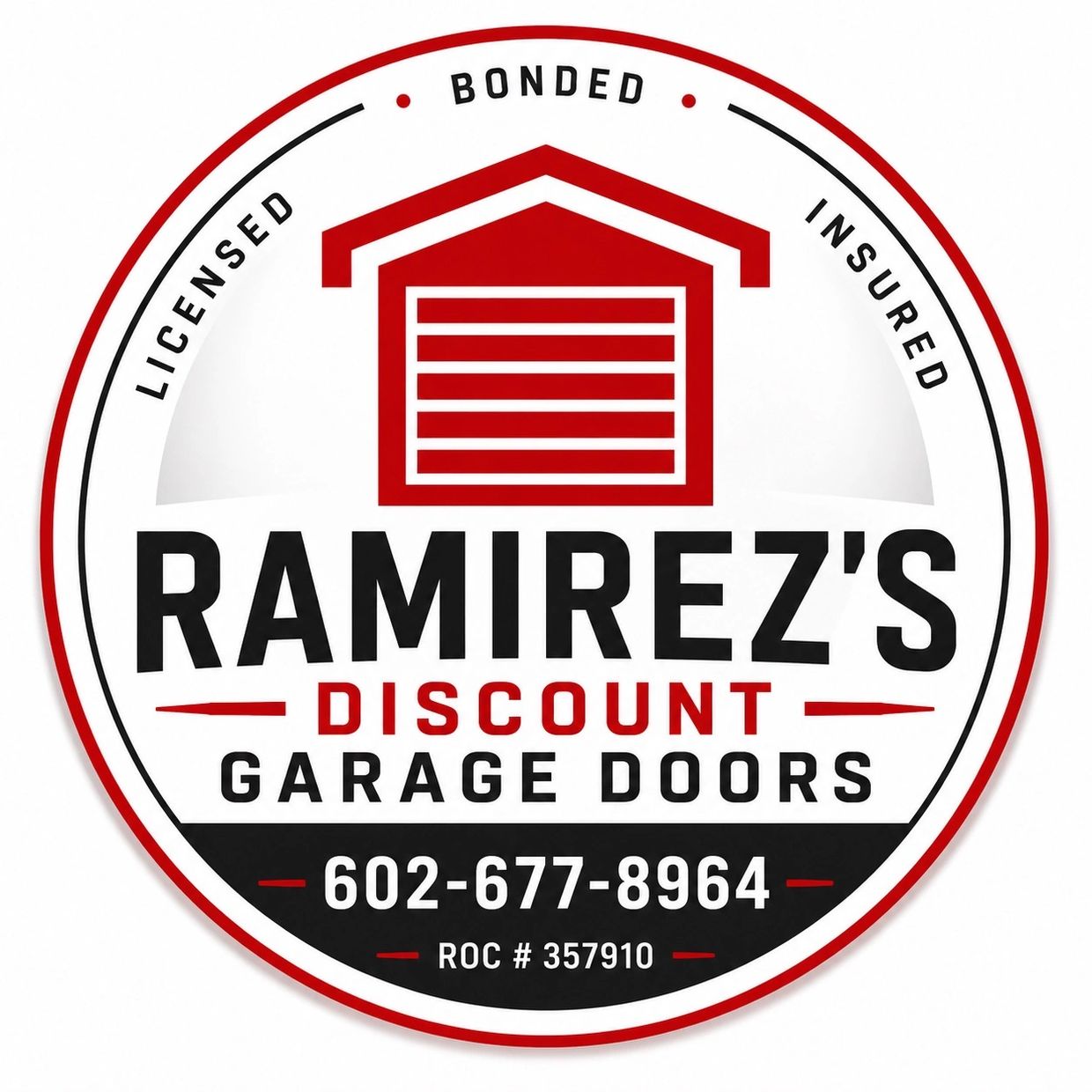 Logo for Ramirez's Discount Garage Doors with contact info and licensing details.