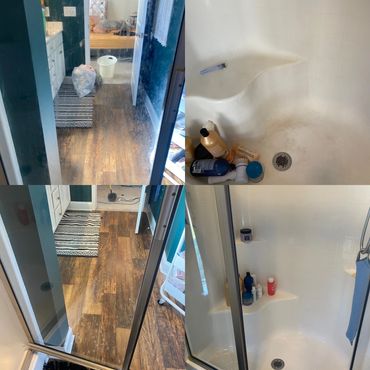 before and after of a stand in glass shower door and shower