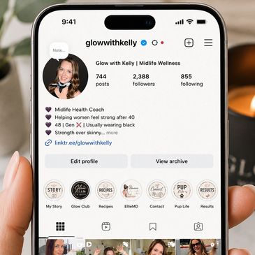 Instagram profile of Midlife Health Coach Glow with Kelly.