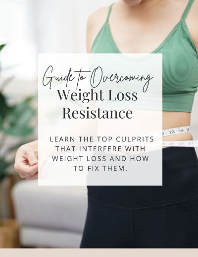 Woman measuring waist with text about weight loss resistance.
