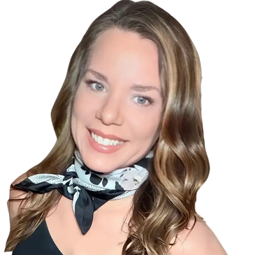 Smiling woman with wavy hair and a patterned scarf.