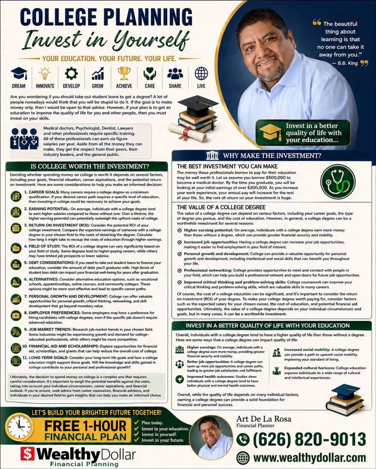 Informative college planning guide encouraging investment in education for a better future and financial success.