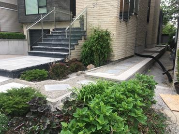 Modern house entryway with stone steps and lush garden beds.