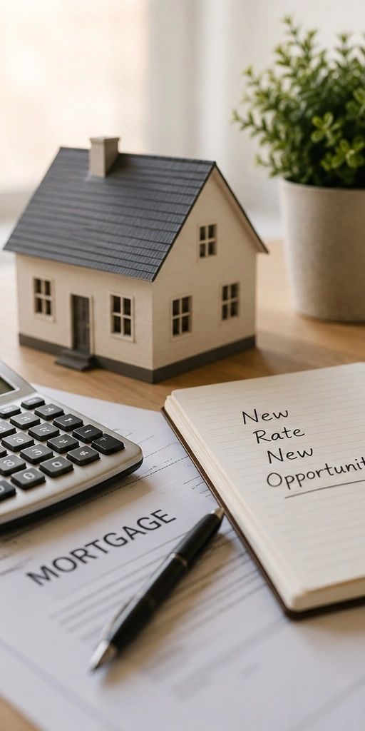 Model house, mortgage papers, calculator, and notebook with 'New Rate New Opportunity' note.