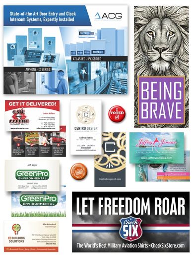 business cards, postcards, buttons, stickers, decals, promotional items, trifold brochures, banners