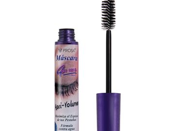 Mascara tube and brush with purple cap for eyelash volume.