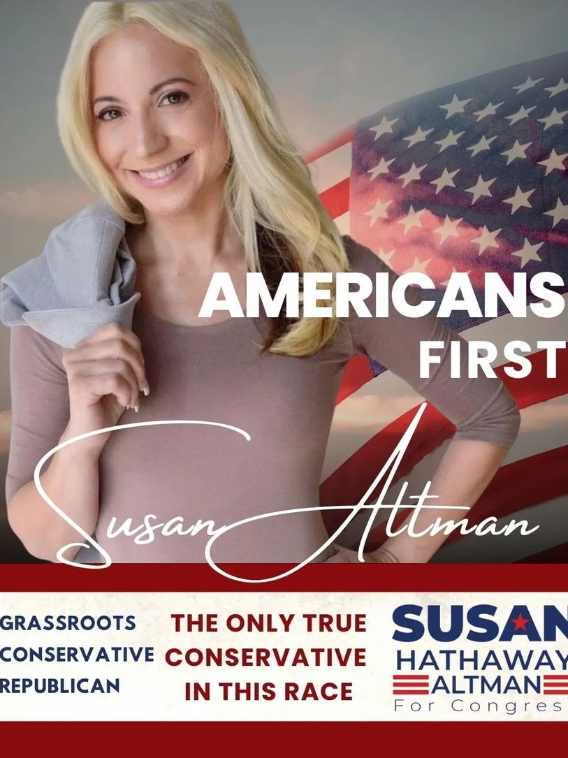 Americans First banner with Susan picture 