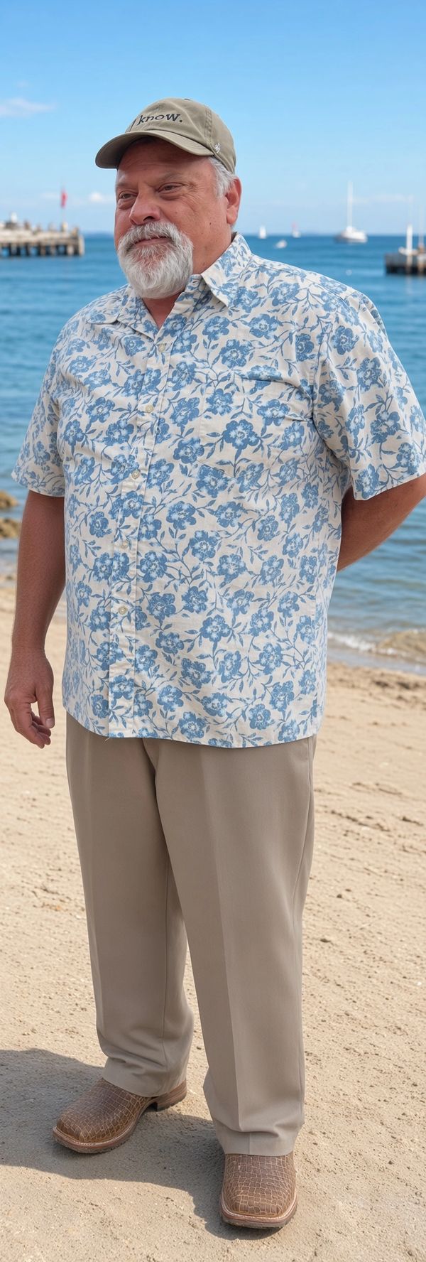 Man in floral shirt and hat standing on a beach.