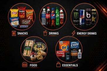 Various items categorized as snacks, drinks, energy drinks, food, and essentials.