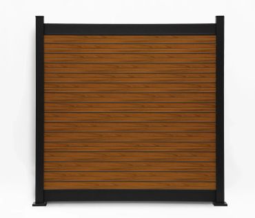 Closed brown wooden shutter with black frame on white wall.