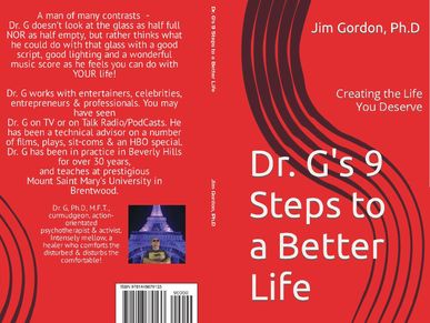 Book cover for "Dr. G's 9 Steps to a Better Life" by Jim Gordon, Ph.D., featuring a red background and abstract black lines.