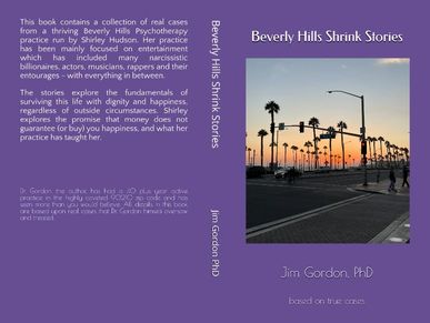 Book cover titled 'Beverly Hills Shrink Stories' by Jim Gordon, PhD, featuring a sunset street scene with palm trees.