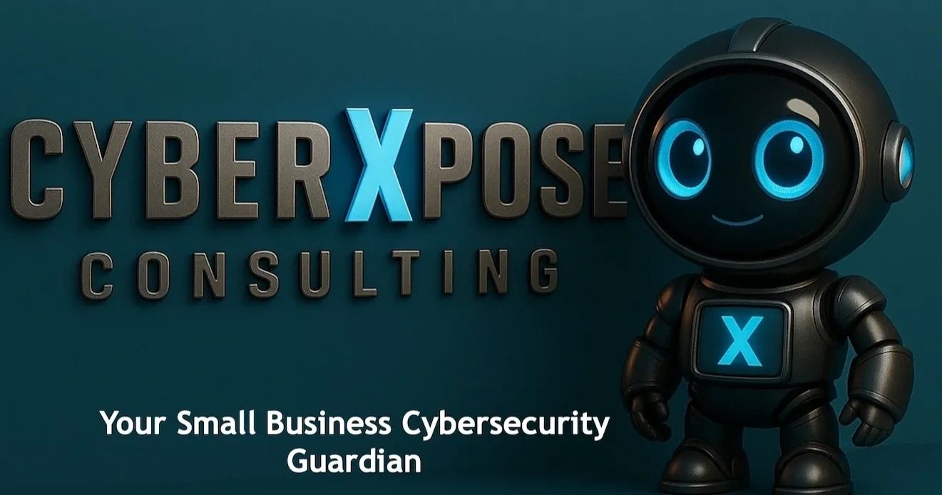 CyberXpose Consulting logo with a friendly robot mascot and tagline for small business cybersecurity.