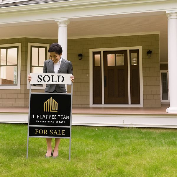 Real estate agent holding a "SOLD" sign in front of a newly sold home.