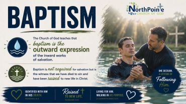 Church baptism teaching with scripture and a baptism ceremony.