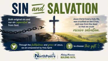 Christian message on sin, salvation, and faith with imagery of broken chains and a cross.