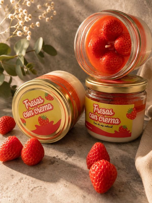 Jars of strawberry cream dessert labeled 'Fresas con crema' with fresh strawberries.