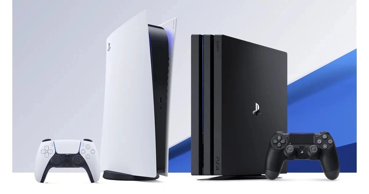 Sony PlayStation 5 and PlayStation 4 Pro consoles with controllers side by side.