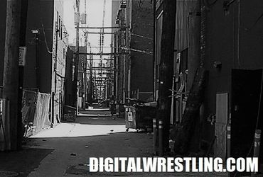 A black and white photo of a narrow urban alleyway with trash bins and utility poles.