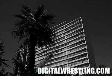 Black and white photo of a tall building with palm trees in front.