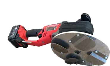 A cordless red and black power tool with a sanding attachment.