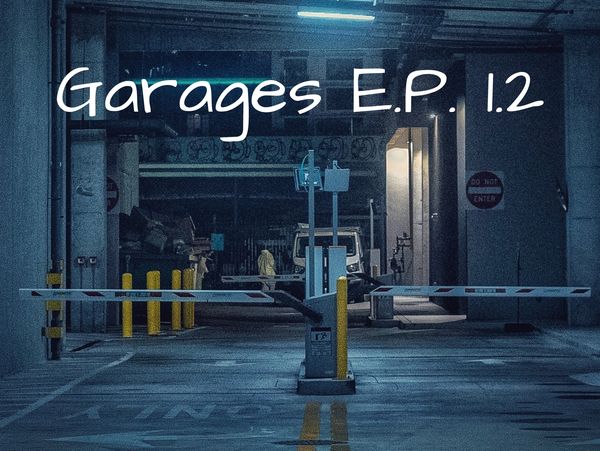 Dimly lit parking garage entrance with barrier gates and neon lights.