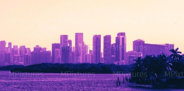 City skyline with purple and orange hues over water and palm trees.