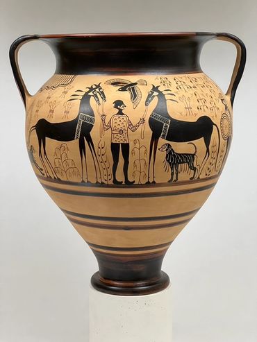 Black painted wine mixing vessel depicting two horses, a man, a bird and a Komondor dog.