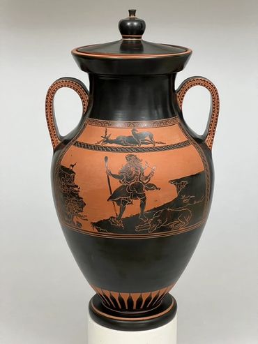Black-figure storage jar with lid depicting Deerhound dogs.