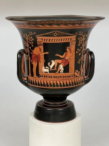 A temple scene with two people and three Chihuahua dogs. Red-figure mixing bowl.
