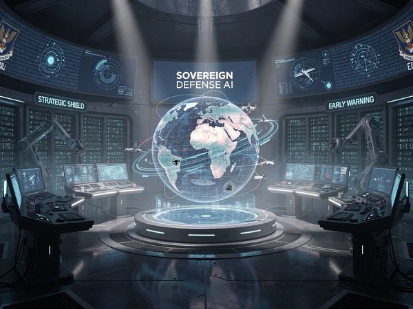 Futuristic defense room with AI-driven global strategic shield and early warning systems.