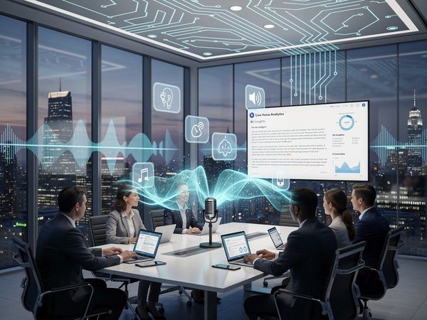 Business team using AI-powered voice analytics in a modern office meeting.