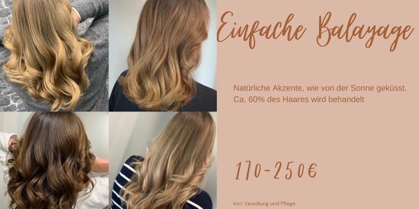4 unterschiedlich gefärbte Haare mit der Beschreibung : Einfache Balayage Preis 220-250€