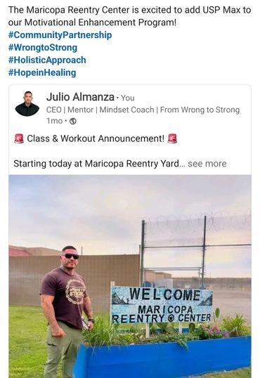 Man standing next to a Maricopa Reentry Center welcome sign.