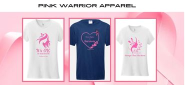 Three inspirational Pink Warrior Apparel t-shirts with supportive messages for breast cancer awareness.