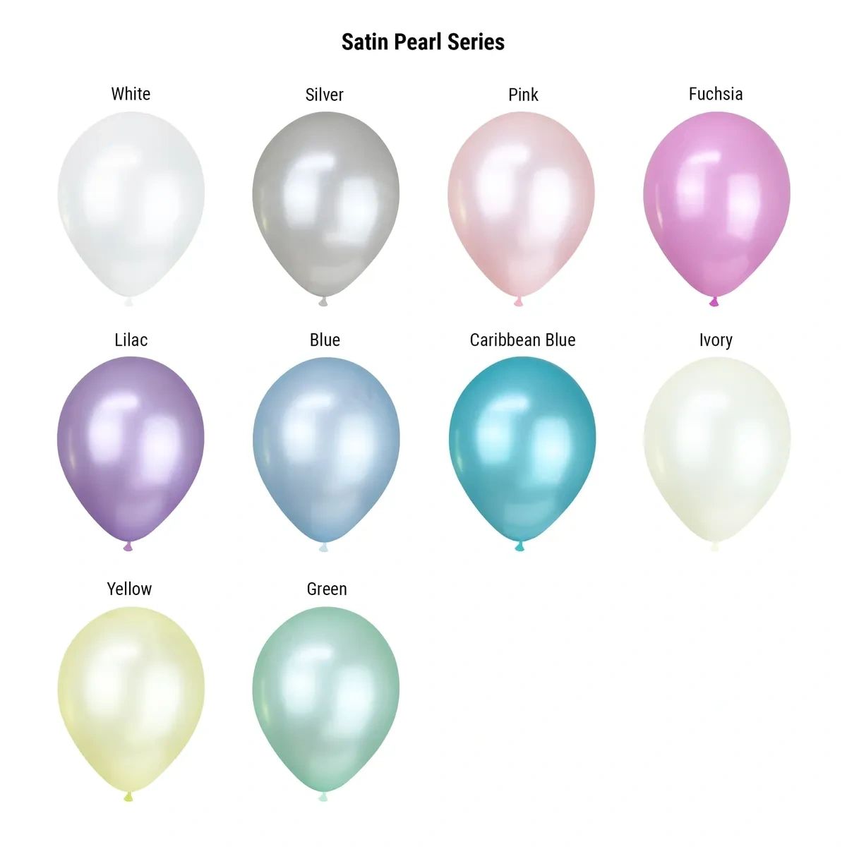 A collection of soft, pearl-finish balloons from the Sempertex Satin Pearl Series.