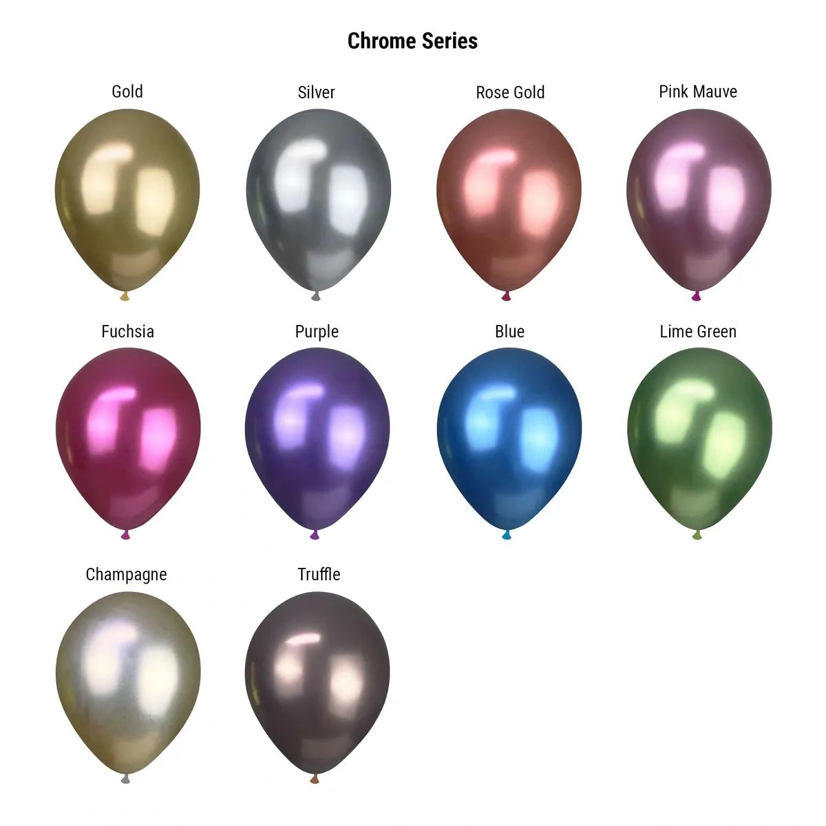 A collection of high-shine balloons from the Sempertex Chrome Series.