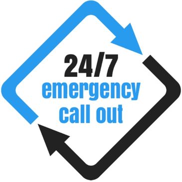 24/7 emergency call out service with blue and black arrows.