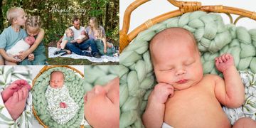 A newborn baby peacefully sleeps in a soft green blanket basket, surrounded by loving family moments.