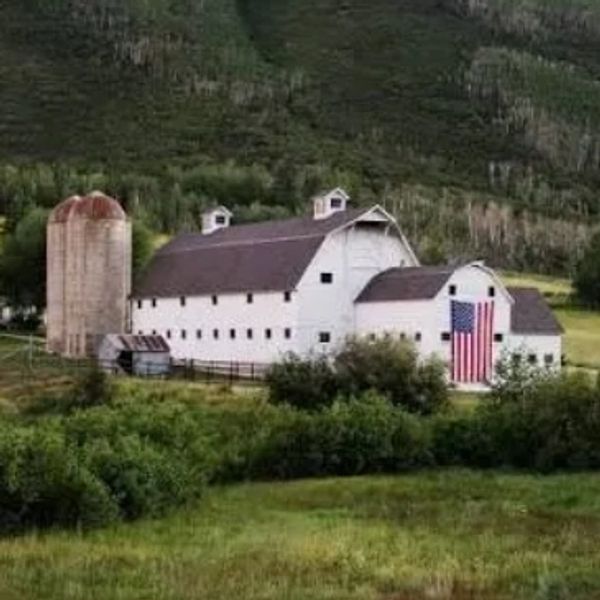 White barn with American flag in a green rural landscape.
