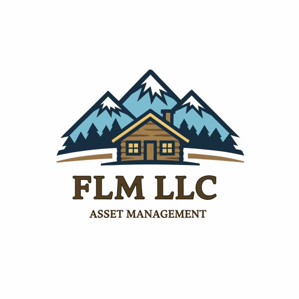 Rustic cabin with snowy mountain backdrop logo for FLM LLC Asset Management.