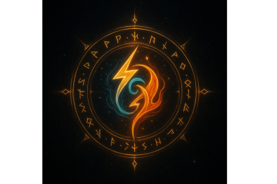 Mystical emblem with fire and water elements surrounded by glowing runes.