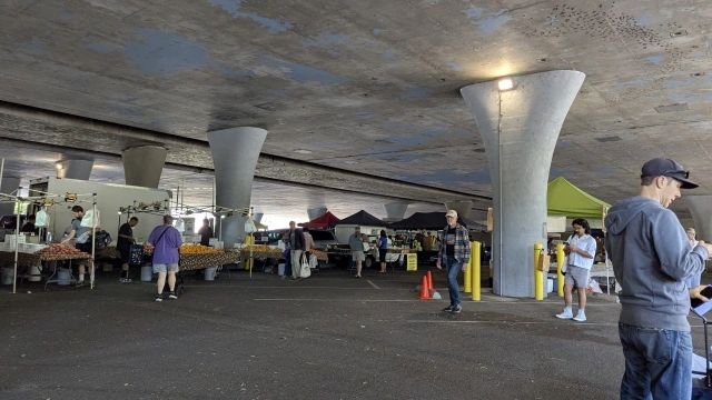 Farmers market under a concrete overpass with people shopping.