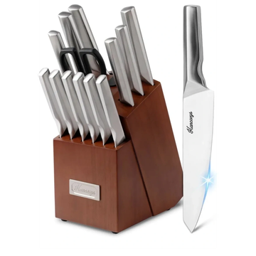 Set of kitchen knives with wooden block and scissors.